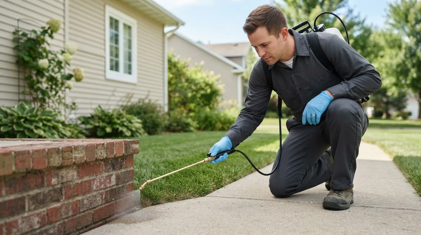 Pest control technician treating a home near Walhalla, SC
